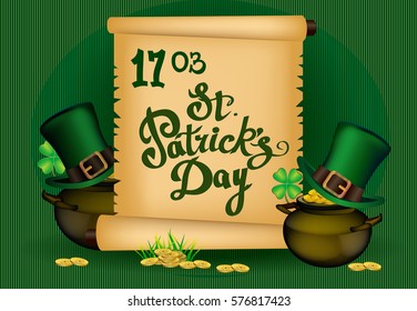 St. Patrick`s Day greeting. Vector illustration. Happy St Patricks Day.Blurred Green Background