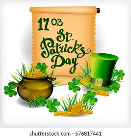 St. Patrick`s Day greeting. Vector illustration. Happy St Patricks Day.Blurred Green Background