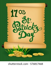 St. Patrick`s Day greeting. Vector illustration. Happy St Patricks Day.Blurred Green Background