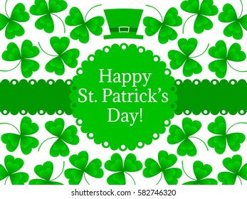St. Patrick's Day greeting. Vector illustration of green hat and clover leaves on white