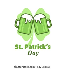 St. Patrick's Day greeting. Vector beer icon. Two beer glasses against irish shamrock. Line illustration