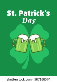 St. Patrick's Day greeting. Vector beer icon. Two beer glasses against irish shamrock. Line illustration