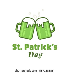 St. Patrick's Day greeting. Vector beer icon. Two beer glasses against irish shamrock. Line illustration