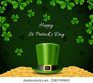  St. Patrick's Day greetings. Green hat on a mountain of gold coins on dark background and clover leaves