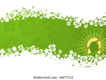 St. Patrick's Day grunge frame with gold horseshoe and wave pattern