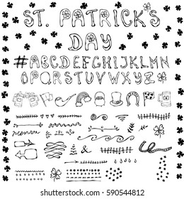 St. Patrick's Day Hand Drawing Full Collectoin Lettering Icons Design Elements. Outline.