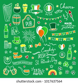 St. Patrick's Day hand drawn illustrations. Cute irish set with different doodle celebration objects