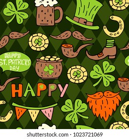 St Patrick's Day hand drawn doodle seamless pattern, with leprechaun hat, pot of gold coins, beer, clover, horseshoe, beard, mustache.