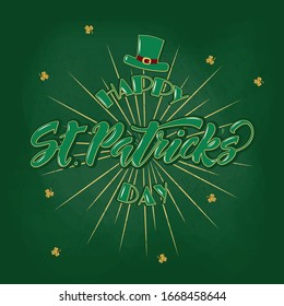 St. Patrick's day hand drawn lettering with leafs of clover. Design for poster, cards, banner. Vector illustration. 