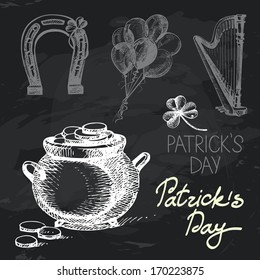 St. Patrick's Day hand drawn chalkboard design set. Black chalk texture