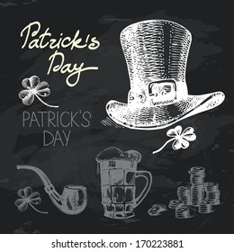 St. Patrick's Day hand drawn chalkboard design set. Black chalk texture