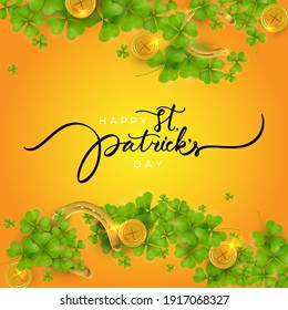 St. Patrick's Day hand drawn line lettering. Modern black calligraphy. Typographic style template for St. Patrick's Day. Hand written Irish celebration design. Vector isolated on orange background.