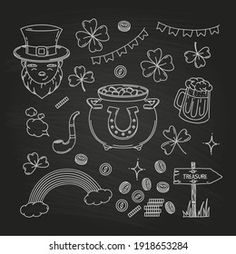 St. Patrick's Day hand drawn element collection on blackboard background