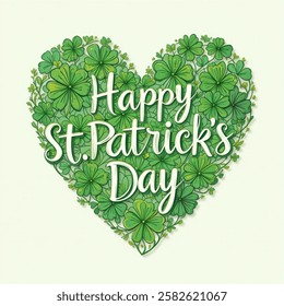 St. Patrick's day hand drawn greetings over green heart with clover leaves. Irish holiday festival traditional illustration.vector illustration