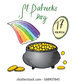 St Patrick's Day hand drawn doodle set, with Irish traditional leprechaun's pot of gold coins at the end of rainbow, vector illustration isolated on white.