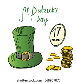 St Patrick's Day hand drawn doodle set, with Irish traditional green leprechaun hat and a stack of gold coins, vector illustration isolated on white.