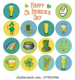 St Patrick's Day hand drawn doodle icons set, with leprechaun, pot of gold coins, rainbow, beer, four leaf clover, horseshoe, celtic harp and flag of Ireland vector illustration isolated on white