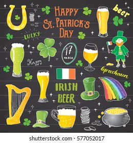 St Patrick's Day hand drawn doodle set, with leprechaun, pot of gold coins, rainbow, beer, four leaf clover, horseshoe, celtic harp and flag of Ireland vector illustration on chalkboard background.