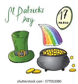 St Patrick's Day hand drawn doodle set, with Irish traditional green leprechaun hat and a pot of gold coins at the end of rainbow, vector illustration isolated on white