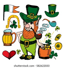 St Patrick's Day  hand drawn set. Vector illustration  with shamrock, clover, Irish flag, golden coins, leprechaun, irish beer, green ribbon. Ireland symbols. Irish decor for your design. 