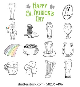 St Patrick's Day hand drawn doodle icons set, with leprechaun, pot of gold coins, rainbow, beer, four leaf clover, horseshoe, celtic harp and flag of Ireland vector illustration isolated on white