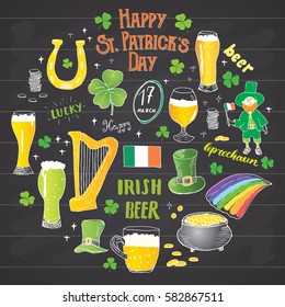 St Patrick's Day hand drawn doodle set, with leprechaun, pot of gold coins, rainbow, beer, four leaf clover, horseshoe, celtic harp and flag of Ireland vector illustration on chalkboard background.