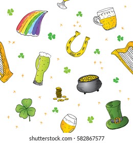 St Patrick's Day hand drawn doodle Seamless pattern, with leprechaun hat, pot of gold coins, rainbow, beer, four leaf clover, horseshoe, celtic harp vector illustration background.