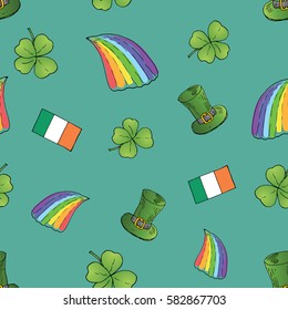 St Patrick's Day hand drawn doodle Seamless pattern, with leprechaun hat, rainbow, four leaf clover, flag of Ireland vector illustration background