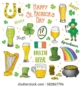 St Patrick's Day hand drawn doodle set, with leprechaun, pot of gold coins, rainbow, beer, four leaf clover, horseshoe, celtic harp and flag of Ireland vector illustration isolated on white.
