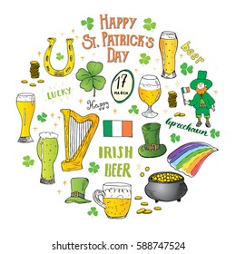 St Patrick's Day hand drawn doodle set, with leprechaun, pot of gold coins, rainbow, beer, four leaf clover, horseshoe, celtic harp and flag of Ireland vector illustration isolated on white.