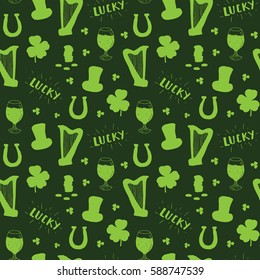St Patrick's Day hand drawn seamless pattern, with leprechaun hat, coins, beer cup, four leaf clover, horseshoe and celtic harp vector illustration.