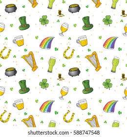 St Patrick's Day hand drawn doodle Seamless pattern, with leprechaun hat, pot of gold coins, rainbow, beer, four leaf clover, horseshoe, celtic harp vector illustration background