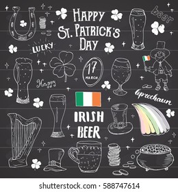 St Patrick's Day hand drawn doodle set, with leprechaun, pot of gold coins, rainbow, beer, four leaf clover, horseshoe, celtic harp and flag of Ireland vector illustration on chalkboard background.