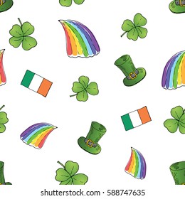 St Patrick's Day hand drawn doodle Seamless pattern, with leprechaun hat, rainbow, four leaf clover, flag of Ireland vector illustration background