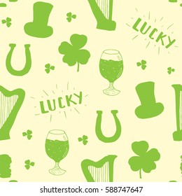 St Patrick's Day hand drawn seamless pattern, with leprechaun hat, coins, beer cup, four leaf clover, horseshoe and celtic harp vector illustration.