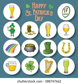 St Patrick's Day hand drawn doodle icons set, with leprechaun, pot of gold coins, rainbow, beer, four leaf clover, horseshoe, celtic harp and flag of Ireland vector illustration