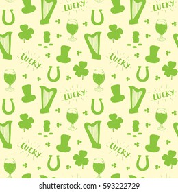 St Patrick's Day hand drawn seamless pattern, with leprechaun hat, coins, beer cup, four leaf clover, horseshoe and celtic harp vector illustration.