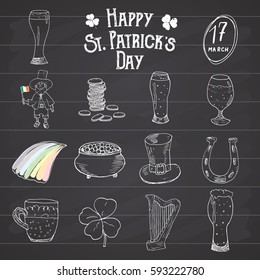 St Patrick's Day hand drawn doodle icons set, with leprechaun, pot of gold coins, rainbow, beer, four leaf clover, horseshoe, celtic harp and flag of Ireland vector illustration on chalkboard.