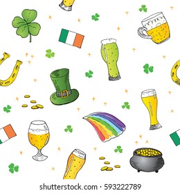 St Patrick's Day hand drawn doodle Seamless pattern, with leprechaun hat, pot of gold coins, rainbow, beer, four leaf clover, horseshoe, celtic harp vector illustration background