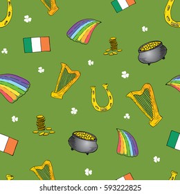 St Patrick's Day hand drawn doodle Seamless pattern, with leprechaun, pot of gold coins, rainbow, beer, four leaf clover, horseshoe, celtic harp and flag of Ireland vector illustration.