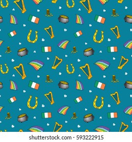 St Patrick's Day hand drawn doodle Seamless pattern, with leprechaun, pot of gold coins, rainbow, beer, four leaf clover, horseshoe, celtic harp and flag of Ireland vector illustration.