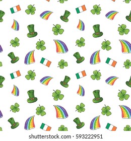 St Patrick's Day hand drawn doodle Seamless pattern, with leprechaun hat, rainbow, four leaf clover, flag of Ireland vector illustration background