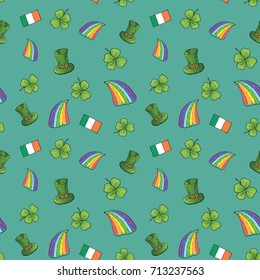 St Patrick's Day hand drawn doodle Seamless pattern, with leprechaun hat, rainbow, four leaf clover, flag of Ireland vector illustration background