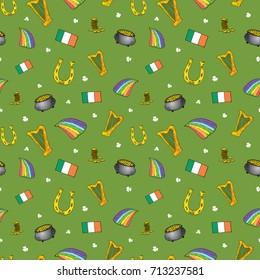 St Patrick's Day hand drawn doodle Seamless pattern, with leprechaun, pot of gold coins, rainbow, beer, four leaf clover, horseshoe, celtic harp and flag of Ireland vector illustration.