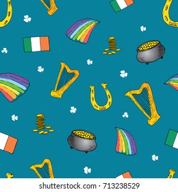 St Patrick's Day hand drawn doodle Seamless pattern, with leprechaun, pot of gold coins, rainbow, beer, four leaf clover, horseshoe, celtic harp and flag of Ireland vector illustration.