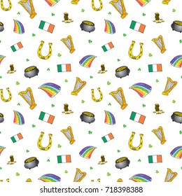 St Patrick's Day hand drawn doodle Seamless pattern, with leprechaun, pot of gold coins, rainbow, beer, four leaf clover, horseshoe, celtic harp and flag of Ireland vector illustration.