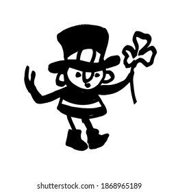 St. Patrick's day. Hand-drawn cartoon character in a big hat. Black and white vector illustration