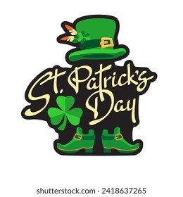 St. Patrick's Day. Hand-drawn lettering on a white background. Festive composition of letters, cute leprechaun hat, shoes, and clover. Spring holiday March 17 Saint Patrick. Vector illustration