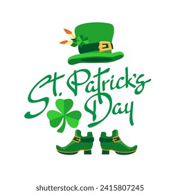 St. Patrick's Day. Handwritten lettering on a white background. Festive composition of green letters, cute leprechaun hat, shoes, and clover. Spring holiday March 17 Saint Patrick. Vector.