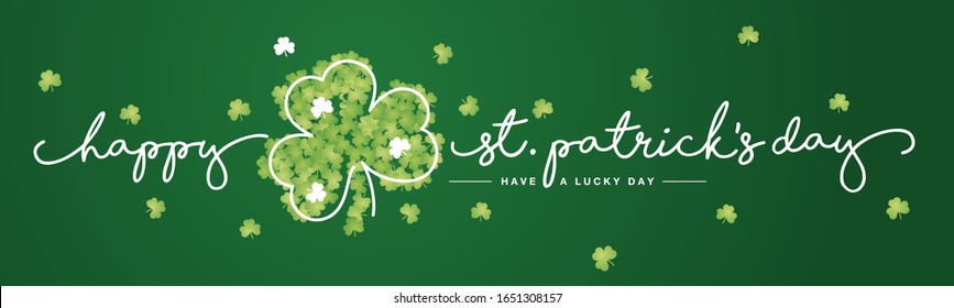 St Patrick's Day handgeschriebenes typografisches Briefing-Line-Design mit Kleeblatt-grünem Hintergrund-Banner